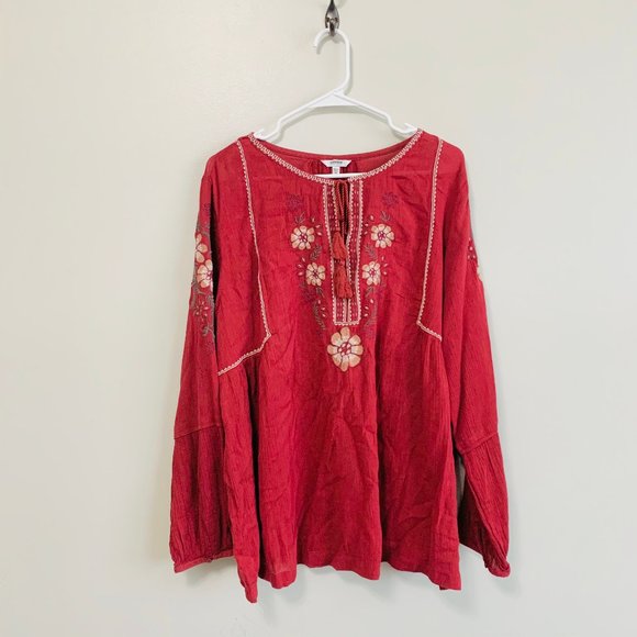Sonoma Tops - Sonoma Red Floral Embroidered Long Sleeve Blouse